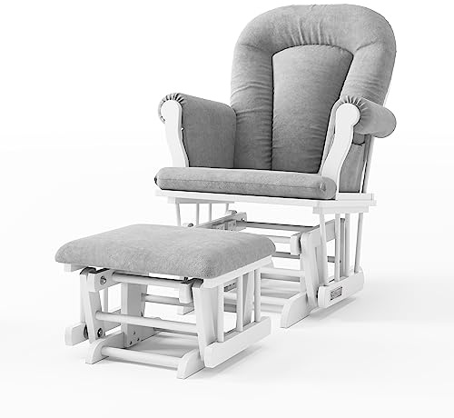 Child Craft Cozy Glider Rocker and Ottoman Set, Smooth Quiet Gliding Motion, Padded Cushion with Convenient Storage Pockets, Solid Wood Base & Frame (Matte White with Light Gray Cushion)