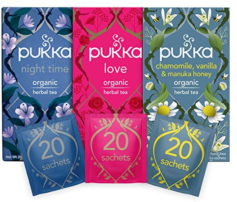 Pukka Herbs Relaxing Tea Selection - Love, Night Time and Chamomile, Vanilla and Manuka Honey - Bundle of 3 boxes, 20 Sachets of Each