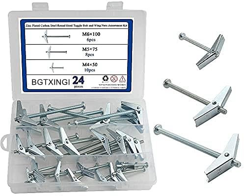 BGTXINGI Lot de 24 boulons à bascule à tête ronde en acier au carbone plaqué zinc et écrous à ailettes M4 M5 M6 pour accrocher des objets lourds sur cloison sèche