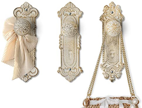 Shabby Chic Cast Iron Decorative Wall Mounted Hooks - Rustic White - Door Knob Coat Hooks for Wall - Set of 3 - Screws and Anchors Included - Antique Wall Hooks for Hanging Clothes