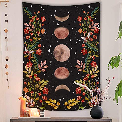 YISUMEI Aesthetic Tapisserie Wandbehang Schlafzimmer Mond Blumen Schwarz Größe M 130x150cm