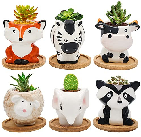 Blumentopf Keramik Klein mit Bambu Untersetzer und Drainageloch, Sukkulenten Topf, Tierförmiger Kaktus Pflanztopf für Indoor Outdoor Pflanzen, Ideal für Garten Home Office Decor und Geschenk