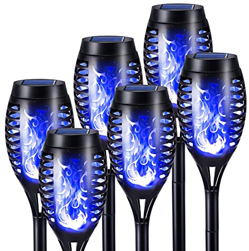 Geemoo 6 Pack Solar Flickering Dancing Flame Lights Blue Waterproof Solar Torch Lights for Outdoor Garden Patio Pathway Yard Driveway Halloween Decorative