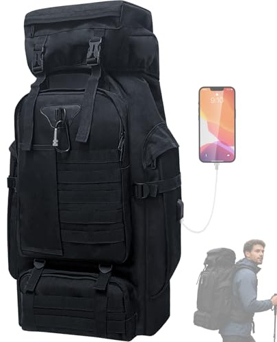 Vaupan Mochila de Senderismo para Acampar de 80L, Mochila Táctica Militar Grande, Mochila de Viaje Impermeable Con Mosquetón Mochila MOLLE al Aire Libre para Hombres y Mujeres (Negro)