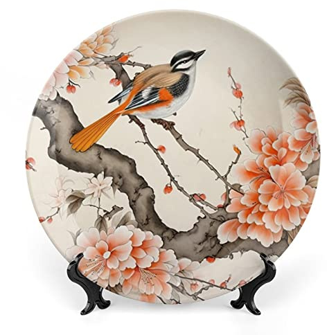 Gokays Piatti decorativi da appendere alla parete, con fiori di uccelli e peonie, piatto in ceramica cinese meticolosa, piatto oscillante con espositore per la casa, decorazione per mobili da cucina,