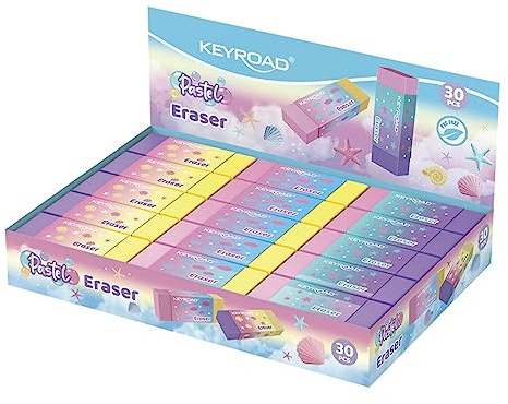 KEYROAD Universal Radiergummi/ 30 Stück - 30er Pack/Radierer für Bleistift und Buntstift/Farbe: Pastell - Regenbogen/Ideal für Schule und Büro