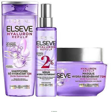 L'Oréal Paris - Routine de Soins Capillaires pour Cheveux Déshydratés - Hydratation 72H - À l'Acide Hyaluronique - 3 Produits - Shampooing, Sérum & Masque - Elseve Hyaluron Repulp