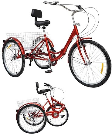 BJTDLLX Dreirad für Erwachsene, 24 Zoll Klapprad Dreirad, Senioren Erwachsenendreirad, Premium 7 Gang Falt Dreirad mit Korb und Licht, Upgraded 3-Rad Erwachsene Dreirad