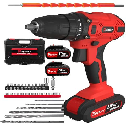Akkuschrauber 21V Akku Bohrmaschine mit 25+1 Drehmomentstufen, 45Nm Akku-Bohrschrauber Rot, 2x1500mAh Akku Schraubendreher für DIY Projekt, 29-tlg. Zubehör-Set Werkzeugkoffer