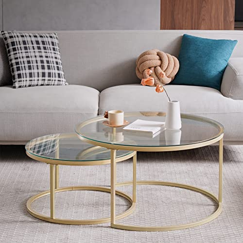 DEYARNA HOME Juego de 2 Mesas Nido de Café Doradas, Mesas Nido de Cristal para Salón, Dormitorio, Mesa Auxiliar Moderna con Cristal Templado Transparente (Vidrio/Oro, 80cm+60cm)