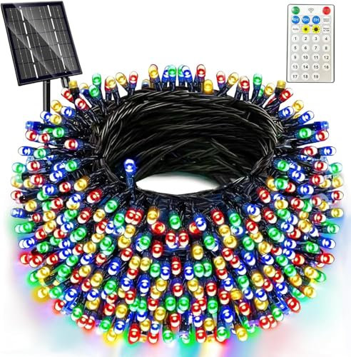 Amzxart Catena di luci solari per esterni, 400 LED, 42 m, per esterni, a energia solare, 19 modalità, IP65, impermeabile, per balcone, giardino, albero di Natale, feste (colorate)