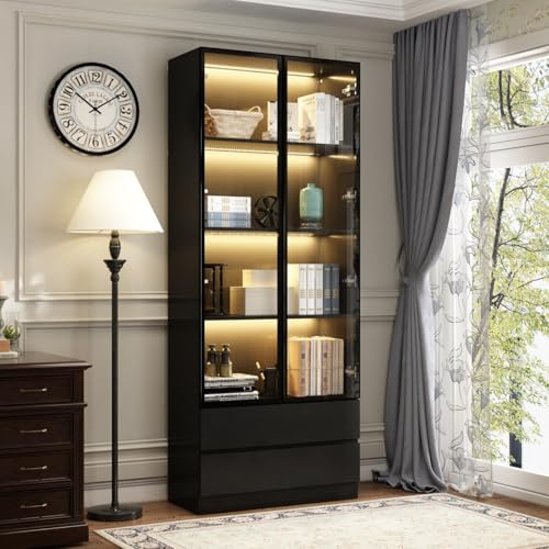 DEZAGCE Vitrina con puertas de cristal, estantería de pie para salón, dormitorio, comedor, oficina, cocina, 80 x 36 x 200 cm, MDF, negro