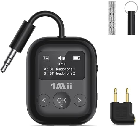1Mii Trasmettitore Ricevitore Bluetooth 5.3 per TV Aereo, Adattatore Audio con OLED Display, aptX Bassa Latenza e Jack Aux 3,5 mm, Supporta 2 Cuffie o AirPods, Controllo Volume, 25H per Stereo Auto
