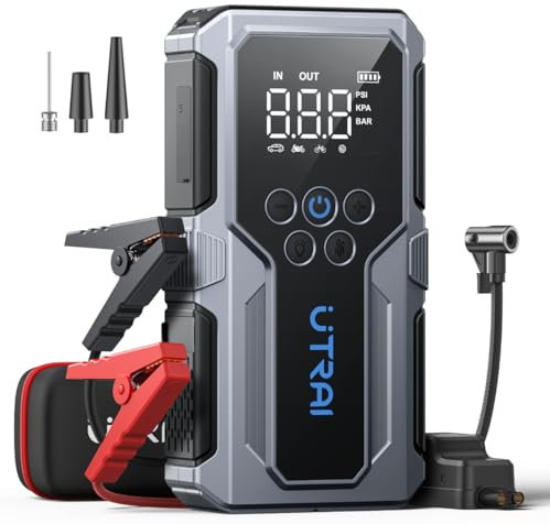 UTRAI Starthilfe Powerbank für Pkw 4500A, Booster Auto Starthilfe mit Kompressor 150PSI, 18W Schnellladung, Taschenlampe, Zwangsstart, Jump Starter Bis zu 8.5L Benzin, 6.5L Dieselmotor