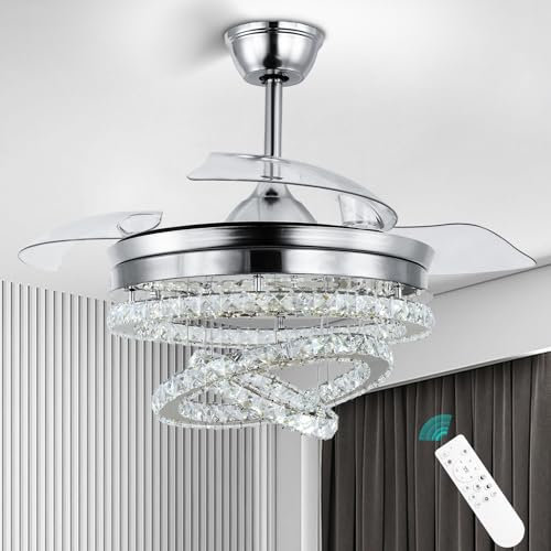 diisunbihuo 42“ Dimmbar Kronleuchter Moderner unsichtbarer Kristall-Kronleuchter Deckenventilator mit 3 LED-Farbwechsel-Leuchten mit Memory-Funktion (Chrom)