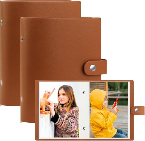 2 Paquetes Álbum Foto 13x18 cm, 52 Bolsillos, Cubierta de Cuero. Bolsillos Superiores para Fotos 5x7 Pulg, Guarda 7x5 Pulg para Bebés/Bodas/Vacaciones/Familia/Cumple/Viajes (Marrón)