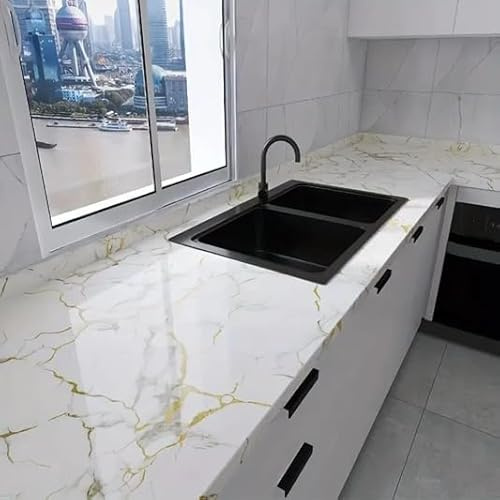 Vinilo Adhesivo Decorativo Efecto Mármol – Papel Autoadhesivo Impermeable para Muebles, Encimeras y Mesas – 60x300 cm – Fácil de Colocar (Blanco y Dorado)