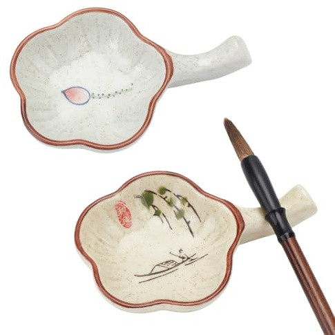 PH PandaHall 2 Styles Plaque à Encre Fleur Encreur en Céramique Encrier en Porcelaine avec Poignée Encrier Multifonctionnel pour la Calligraphie Chinoise Pratique de la Peinture Japonaise Cadeau