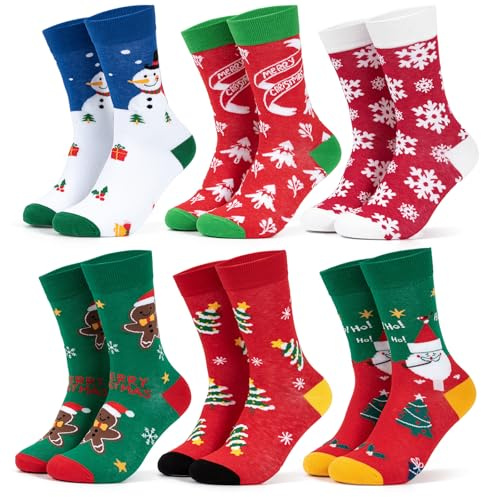 Zoruam Set di 6 paia di calzini natalizi per donna e uomo - Calzini colorati e divertenti con Babbo Natale, bastoncino di zucchero e omino di pan di zenzero, taglie dalla 37 alla 46