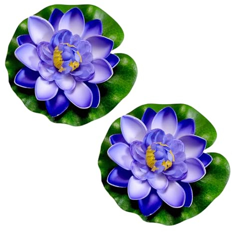 Czhotg 2Pcs Blue Artificial Floating Foam Lotus Flower with Water Lily Pad, Lifelike Pond Pool Lotus Ornaments, Realistic Ornament for Home Garden Pond Aquarium Decor, Artificial Plants and Flowers