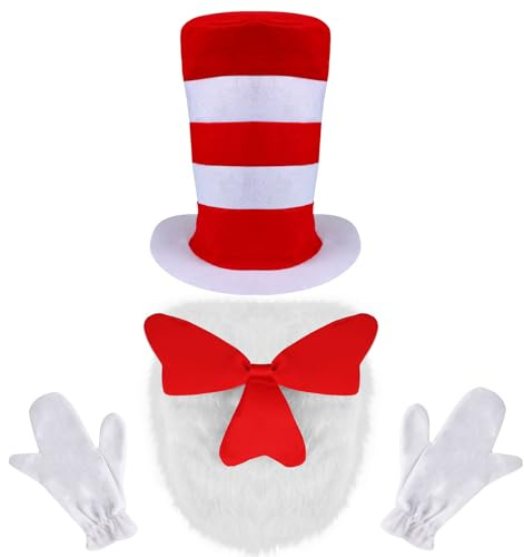 XEPST Conjunto de Accesorios Para Disfraz de Gato, Incluye Sombrero de Copa a Rayas Rojas y Blancas, Pajarita Roja Peluda y Guantes Blancos Para Disfraz de Animal Adulto, Cosplay, Halloween