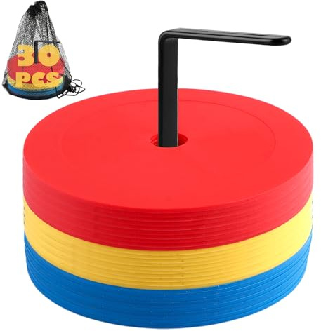 LOPYXBR Juego de 32 conos de fútbol de 15 cm, 3 colores, con soporte organizador y bolsillo de red, conos de entrenamiento redondos para fútbol y atletismo