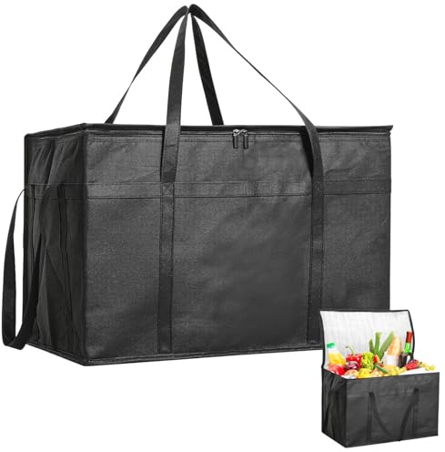 77L Large Food Delivery Bag, Black Cool Bag, Reusable Insulated Grocery Bag, Foldable Soft Cooler with Reinforced Handles, Collapsible for Picnic, Beach, Travel, Campin