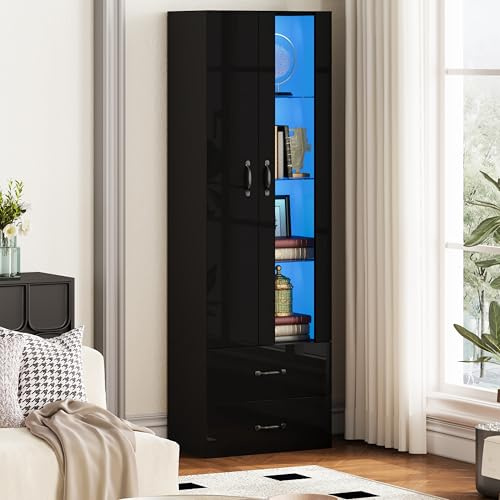 YuQozii Vetrina illuminata a LED, doppia porta, vetrina autoportante con porta trasparente, vetrina per soggiorno, armadietto combinato, armadio a LED, mobiletto laterale, nero.