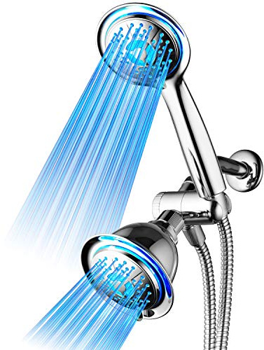 Dream Spa All Chrome 3-way LED Shower Head Combo with Air Jet LED Turbo Pressure-Boost Nozzle Technology. Color of LED lights changes automatically according to water temperature