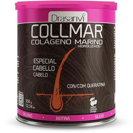 Drasanvi COLLMAR Colágeno Marino Hidrolizado + Biotina, Queratina, Selenio, Zinc y Extracto de Bambú | Cabellos Débiles y Finos| | Alta Dosis 5.000 mg/día | 350g de Polvo = 35 Días | Sabor Cereza