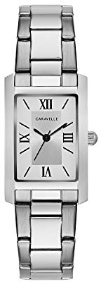 Caravelle by Bulova Ladies' Dress 3-Hand Quartz Watch, Rectangle Case, Roman Numeral, Curved Mineral, Silver, Dress