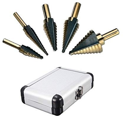 Mengshen Broca Escalonada HSS 5 Piezas 1/4-1-3/83/16-7/8 1/4-3/41/8-1/2 3/16-1/2 Recubierto de Titanio Multifunción Pagoda Taladro Brocas Metal Drill con Caja de Aluminio