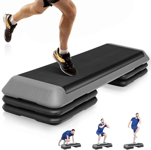 F2C 43 inch Aerobic Exercise Step Platform Adjustable Height Stepper Exercise Workout Step Bench with 4 Risers 4 - 6 - 8 Large Fitness Exercise Stair Step for Home Gym Fitness Training Black