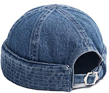 Mens Womens Docker Cap Denim Brimless Hats Beanie Worker Sailor Rolled Cuff Retro Hat with Adjustable (0088-BU)