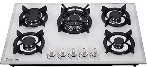 30 Inch Gas Cooktop DTW5701 White Tempered Glass Stovetop, 5 Burners LPG/NG Convertible Stove Thermocouple Protection Cooktop