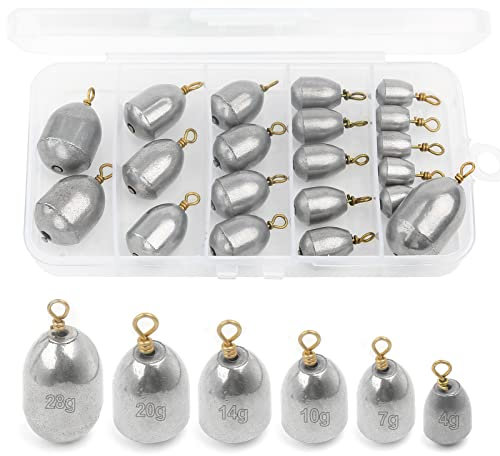 Realure 20 Pcs Fishing Weights Set 6 Sizes Sea Fishing Weights 4g 7g 10g 14g 20g 28g Pure Iron Sinker Weights Fishing for Saltwater Freshwater with Box