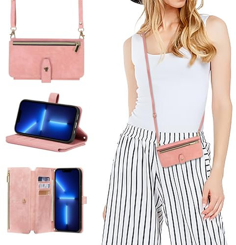 ZCDAYE Hülle für iPhone 15 Pro Max mit Band Handykette, Leder Handyhülle Handytasche mit Kartenfächern Frauen Brieftasche Klapphülle Tasche iPhone 15 Pro Max,Roségold