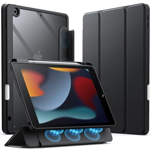 JETech Abnehmbare Hülle für iPad 9/8/7 (10,2 Zoll, Modell 2021/2020/2019, 9./8./7. Generation) mit Stifthalter, Entfernbar Magnetische Abdeckung Trifold Ständer Klar Rückseite (Schwarz)
