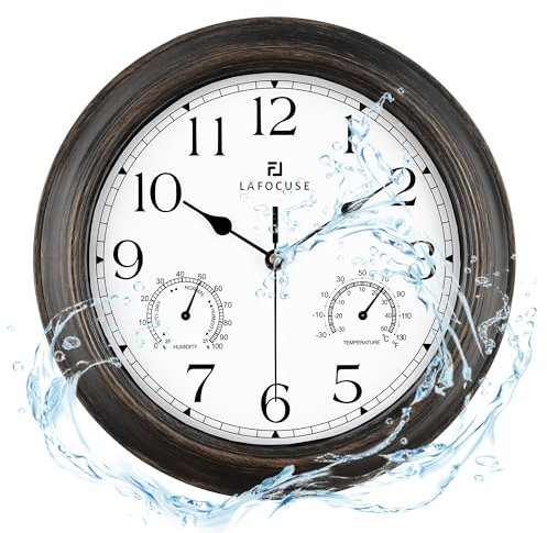 Lafocuse 12 Inch Silent Outdoor/Indoor Waterproof Wall Clock with Temperature and Humidity Combo, Kitchen Bronze Wall Clocks Battery Operated for Patio Porch Garage-Version 2.0