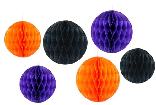 6pcs Halloween Decorations Hanging Paper Honeycomb Pom Poms for Party Room Ceiling, Black Orange Purple Paper Ball Ornaments Halloween Birthday Indoor Home Office Decorations Supplies Photo Props