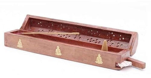 Traditionelle indische Räucherstäbchenhalter-Box 30 cm | Weihrauchhalter mit Aufbewahrung und Buddha aus Messing | Holz-Räucherstäbchenhalterung mit integriertem Aschefänger und Kegelbrenner
