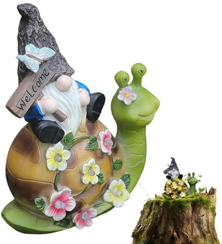 lyanny Statue da giardino con gnomo solare, statue da giardino per esterni con lumache | Statuetta di gnomo da giardino - Statue da esterno in resina, arte da giardino, statua solare da giardino,