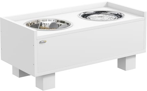 PawHut Hundenapf erhöht, Höhenverstellbar Futternapf für Hunde mit Stauraum, 2 x 1L Edelstahl-Schüsseln, Fressnapf mit Anti-Schling-Matte, für mittelgroße Hunde, Weiß