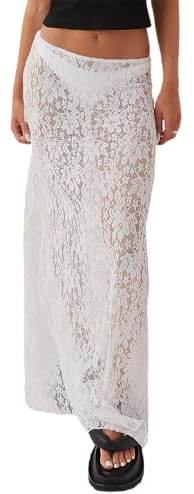 LTZYLS Maxi Gonna in Pizzo da Donna Trasparente Sexy Boho Gonna Estiva fluida Lunga Trasparente Gonna Bianca per Vacanze al Mare, Bianco, M