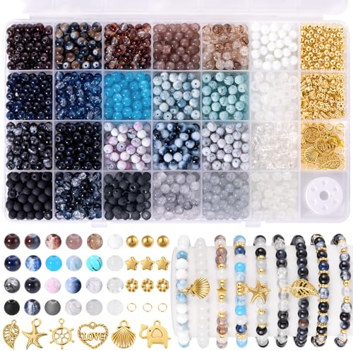 Funtopia Pärlor för armband, 1377-glaspärlor att trä på, 24 färger svart vitt armbandspärlor, runda glaspärlor 6 mm och gyllene avståndspärlor, gör-det-själv-pysselset för vuxna