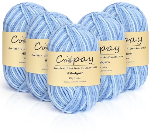 Coopay 5 ovillos de hilo para tejer degradado, 225 g, hilo para ganchillo suave multicolor, 5 hebras de lana para ganchillo, ovillos de lana para ropa para bufandas, calcetines, azul cielo
