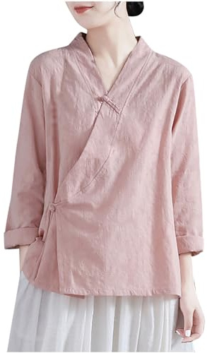 Chemise à manches longues pour femme - Élégant col en V Qipao Cheongsam - Léger et décontracté - Col mandarin - Style ethnique vintage - Boutons - Vêtements traditionnels chinois, rose, L