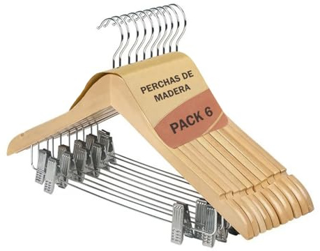 ACCRUX- Perchas de Madera con Pinzas de Metal, Madera Natural con Muescas Antideslizantes para Camisas, Trajes, Pantalones. Diseño Elegante y Ergonómico con Gancho de Acero Giratorio. (6 Unidades)
