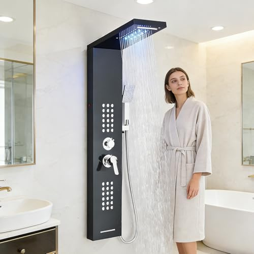 HARNART Colonne de douche LED Avec Mixeur,5 Modes Colonne de douche:Pluie et Cascade Jets de Massage Corporel Pommeau et bec de Bain Baignoire Pomme de Douche à Main Avec Tuyau 150CM,Noir