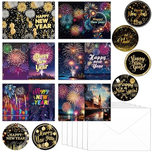 Happy New Year Cards 2026, 6 Set Colorful New Year Greeting Cards with Envelopes Stickers, New Years Gifts Card Set, New Years Eve Party Supplies